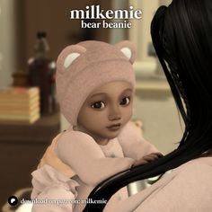 an animated image of a woman holding a baby in her arms with the caption milk me bear beanie