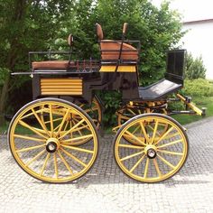 an old - fashioned horse drawn carriage is parked on the cobblestone road in front of some trees