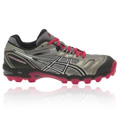 the asics running shoe is grey and red