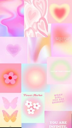 many different colored images with hearts and flowers on them, all in pastel colors