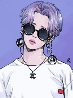 a drawing of a woman with purple hair and sunglasses on her head wearing chandeliers