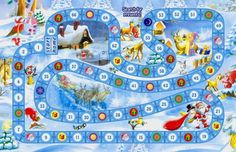 a christmas board game with santa and reindeers on the snow covered ground, surrounded by trees