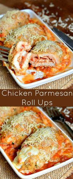 chicken parmesan roll ups on a plate with a fork and knife in it