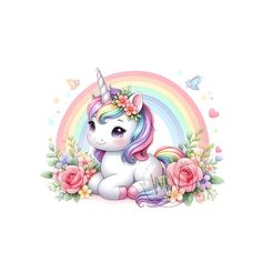 a white unicorn sitting on top of a pink flower filled field with roses and butterflies