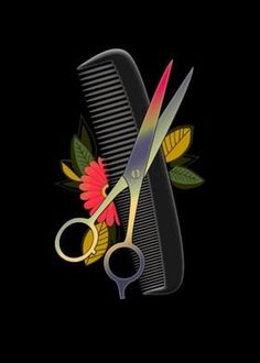 a pair of scissors sitting on top of a comb with flowers and leaves around it