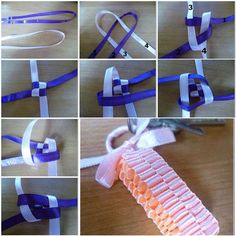 step by step instructions on how to make an origami necklace with ribbon and scissors