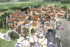 an artist's rendering of a town with cars parked in the driveway and people walking around