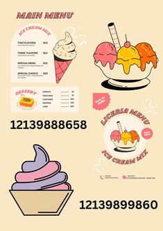 the menu for an ice cream shop is shown in pink, yellow and blue colors