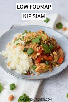 low fodmap peanut chicken with rice on a plate