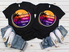 Processing of your order takes 4-9 business days, then shipping is First Class so allow another 3-6 business days.  Does not include pants or any other accessories you see in the photos. Matching Shirts are a fantastic way to create new memories and a great photo op for your next vacay! All Shirts/Bodysuits are printed using DTG (Direct To Garment) printing. This is where the ink is directly sprayed onto the garment and then allowed to dry. This makes for a softer feel and longer lasting image. Black T-shirt For Family Reunion In Summer, Custom Text T-shirt With Relaxed Fit For Summer, Custom Text Relaxed Fit T-shirt For Summer, Summer Relaxed Fit T-shirt With Custom Text, Custom Print T-shirt For Family Outings In Summer, Customizable Family Matching Summer T-shirts, Casual T-shirt With Custom Print For Family Outings, Family Trip Shirts, Name Matching