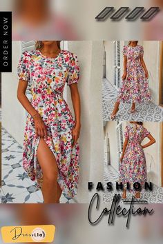 Elegant Boho Beach Summer Women Dress Short Princess Sleeve Floral Print Dress New O-neck High Waist Zip A-line Long Dress Casual A-line Floral Dress For Vacation, A Line Long Dress, Princess Sleeves, Dress 2022, New O, Boho Beach, Beach Summer, Dress Short, Women Dress