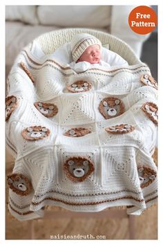 a baby in a crocheted bear blanket