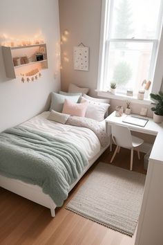 a bedroom with a bed, desk and window