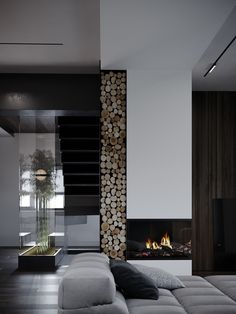 a living room with a couch and fireplace in it