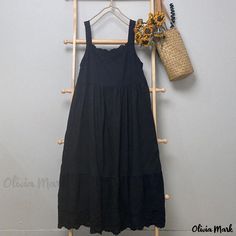 Olivia Mark - Embroidered Hollow Out Sleeveless Cotton Sundress Black Cotton Sleeveless Summer Dress, Black Cotton Sleeveless Sundress, Casual Black Sleeveless Sundress, Black Sleeveless Sundress, Casual Black Sleeveless Dress For Daywear, Black Sleeveless Midi Summer Dress, Black Midi Sleeveless Summer Dress, Black Sleeveless Midi Dress For Summer, Black Midi Length Sleeveless Summer Dress