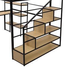 a set of stairs made out of metal and wood with shelves on each side,