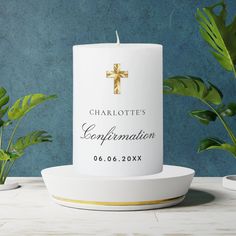 a white candle with the words charlottes expirimation on it next to some potted plants