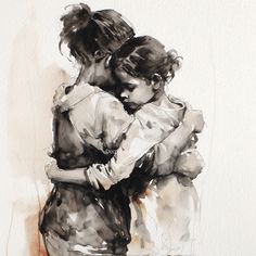 two women hugging each other in black and white watercolors by artist mark adkins