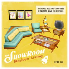 the showroom modern living poster is displayed in front of a yellow wall with pictures on it