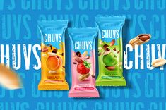 an advertisement for chuys chives with fruit and nuts in the front, on a blue background