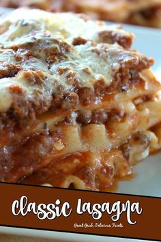 the lasagna casserole is stacked on top of each other with cheese