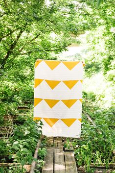 Sustainably-made, organic cotton hand quilted throw. Mustard and white colored blanket, complete with geometric stitching Triangle Patchwork, Organic Cotton Pillows, Organic Cotton Blanket, Beautiful Wall Hanging, Sustainable Home Decor