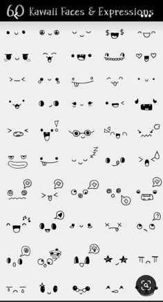 an image of various faces and expressions on a white background with the words kawaii faces