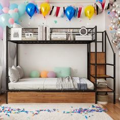 a bunk bed with balloons and streamers on the wall