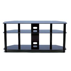 a black tv stand with three shelves on each side