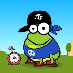 a cartoon frog with a baseball cap on and an alarm clock in the foreground