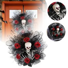 the skeleton wreath is decorated with red roses