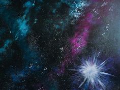 a painting of stars in the night sky with blue, pink and purple paint on it