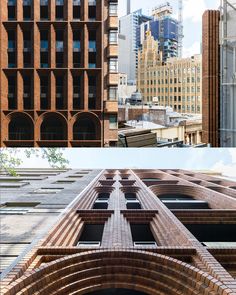 two different views of an old brick building and the same view of new york city