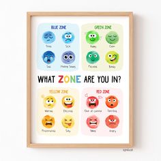 a framed poster with different types of cartoon faces and the words what zone are you in?