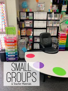 small groups and teacher materials are displayed in a classroom setting with colorful polka dots on the table