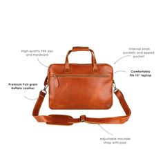 Materials: 100% English Saddle leather exterior. 100% cotton lining interior. Dimensions: 6L capacity. W38cm x H27cm x D6cm.Extendable shoulder strap: L78cm - L145cm. Hardware: Brass fittings and robust YKK zippers. Features: 13" laptop capacity, extendable shoulder strap, top handle, internal zip pocket, external zip pocket. This ultra-compact and sturdy English Saddle leather laptop case is perfect for those on the go, in need of a robust, convenient bag to store and protect their work essenti Adjustable Bags With Leather Trim For Everyday Use, Everyday Use Bags With Leather Trim And Adjustable Fit, Everyday Bags With Adjustable Leather Trim, Classic Cognac Shoulder Bag With Leather Trim, Classic Brown Shoulder Bag For Everyday, Casual Brown Satchel With Leather Lining, Classic Laptop Bag With Adjustable Strap For Everyday Use, Classic Brown Briefcase For Everyday Use, Classic Shoulder Bag With Leather Trim