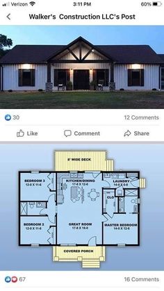 the floor plan for a two story house with an attached porch and covered porch area