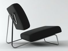 a black chair sitting on top of a white floor next to a metal frame structure