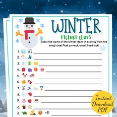 a printable winter picnic checklist with snowman and christmas trees in the background