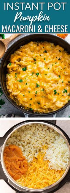 instant pot pumpkin macaroni and cheese in a skillet with text overlay