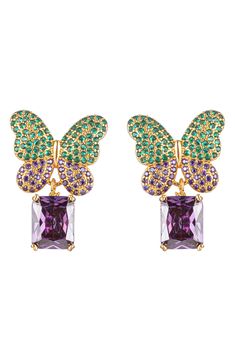 Pavé cubic zirconia bring stunning sparkle to butterfly stud earrings suspending purple cubic zirconia drops for a pretty pop of color. 1" drop Post back Goldtone plate/cubic zirconia Imported Cubic Zirconia Butterfly Charm Earrings For Gift, Butterfly-shaped Cubic Zirconia Earrings For Formal Occasions, Butterfly Cubic Zirconia Earrings For Formal Events, Butterfly Cubic Zirconia Earrings For Formal Occasions, Butterfly Charm Cubic Zirconia Earrings, Formal Butterfly Cubic Zirconia Earrings, Formal Butterfly-shaped Cubic Zirconia Earrings, Purple Cubic Zirconia Earrings, Elegant Purple Butterfly Earrings