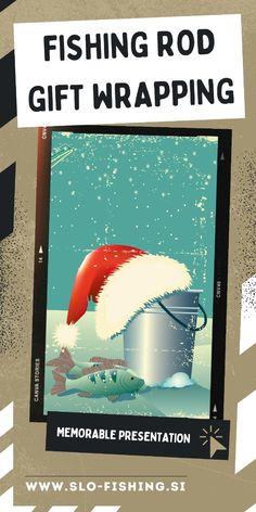 an advertisement for fishing rod gift wrapping with a santa hat and fish in the water