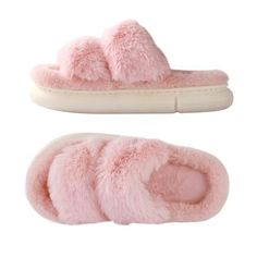 a pair of pink slippers with fur on them