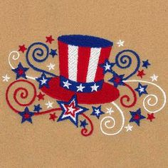 an american hat with stars and swirls on the side is embroidered onto a tan background