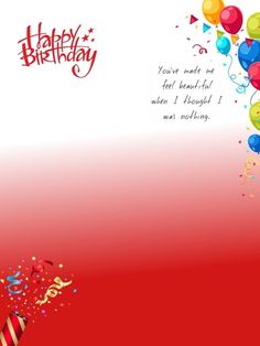 a birthday card with balloons and confetti in the air on a red background