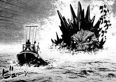 a black and white image of a boat in the water with a giant monster on it's back