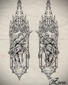 two drawings of angels on the side of an ornate wall hanging from a ceiling fixture