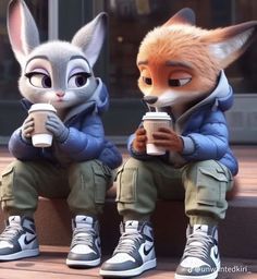 two stuffed animals sitting next to each other eating food and drinking coffee from paper cups