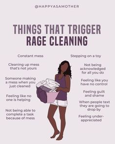 a woman holding a purple bag with the words things that trigger rage cleaning