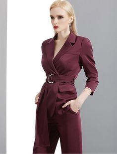 A chic claret blazer pairs with flair-leg pants for a modern professional look with this pantsuit. Blazer: Long sleeves, notched lapels Blazer: Waist buckle belt, front flap pockets Pants: Zip fly with hook-and-button closure Pants: Front slant pockets Polyester Machine wash, line dry Item #1502 SIZE INFO XS=US2=UK6=EU32 S=US4-6=UK8-10=EU34-36 M=US8-10=UK12-14=EU38-40 ★★Please advise your Height & Weight. I will make sure you choose the right size. Wedding Suit Women, Pockets Pants, Lapel Blazer, Belted Blazer, Suit Pant, Pantsuits For Women, Pants Suit, Chiffon Shirt, Professional Look